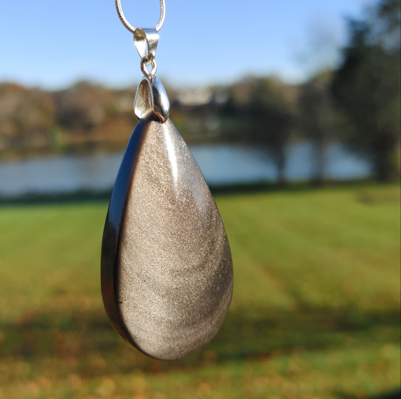 Large Black Obsidion Gemstone Pendant (2.5") -  w/ 925 Silver Overlay Chain - Picture 10 of 14